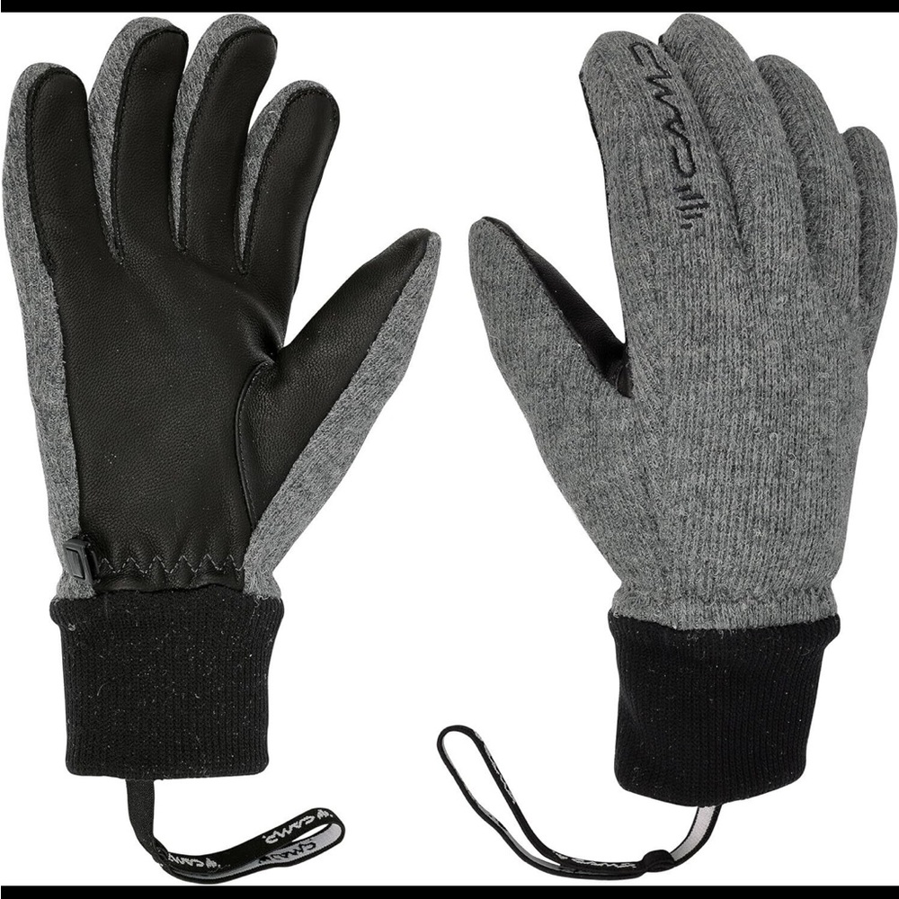 Camp G Wool Leather Winter Insulated Gloves Wrist Strap Black Gray Unisex XS